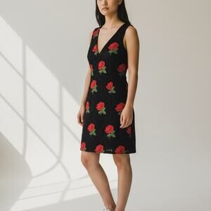 Black and Red Rose Lace Y2K Midi Dress V-Neck Sexy Gothic Large Sleeveless Sexy